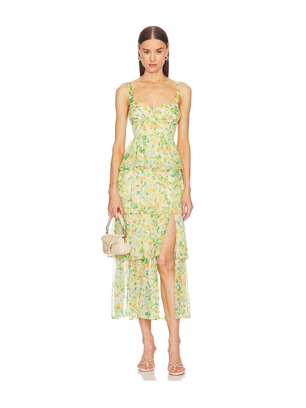 ASTR The Label Midsummer Floral Tiered Maxi Dress Yellow Green Multi Small